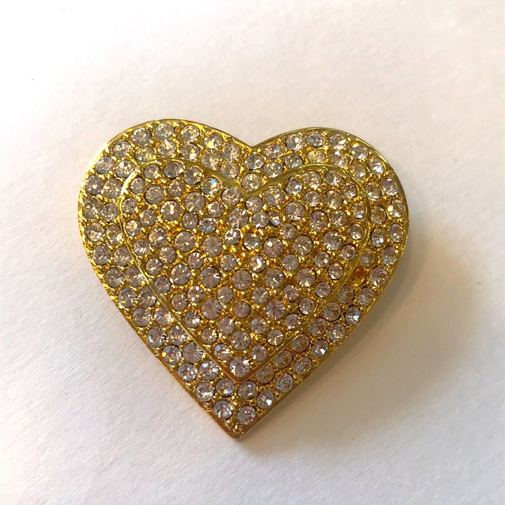 Vintage Joan Rivers Gold & Rhinestone Heart Brooch - Picture 2 of 12